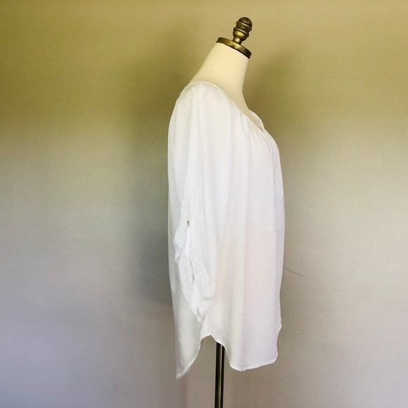 Medium White Pullover Scoop Neck Blouse INDIGO Button Up Sleeves - Picture 7 of 8